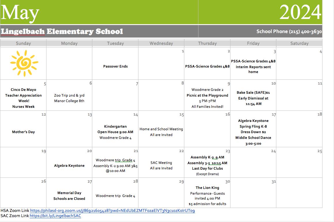 Calendar Anna L Lingelbach School